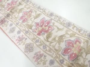 手織り紬花唐草模様織出し全通袋帯